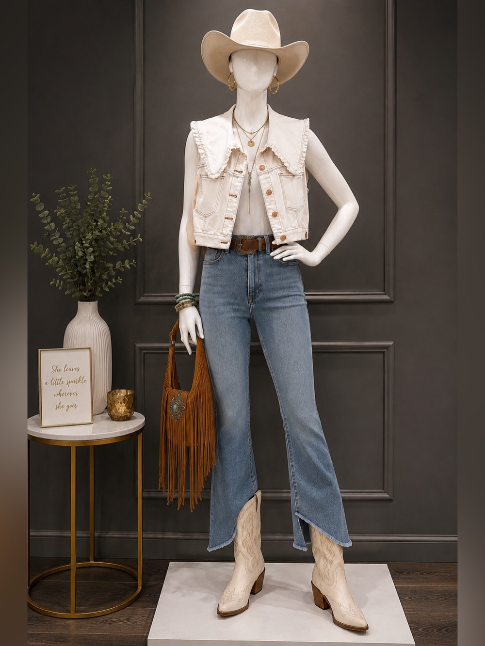 Zara White Denim Vest with Contrast Topstitching